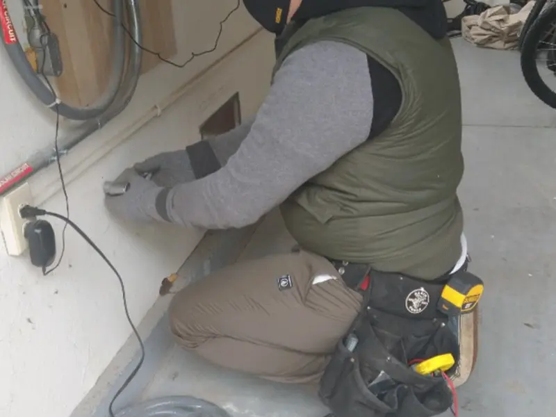 Electrician performing outlet wiring in a Fox Island garage